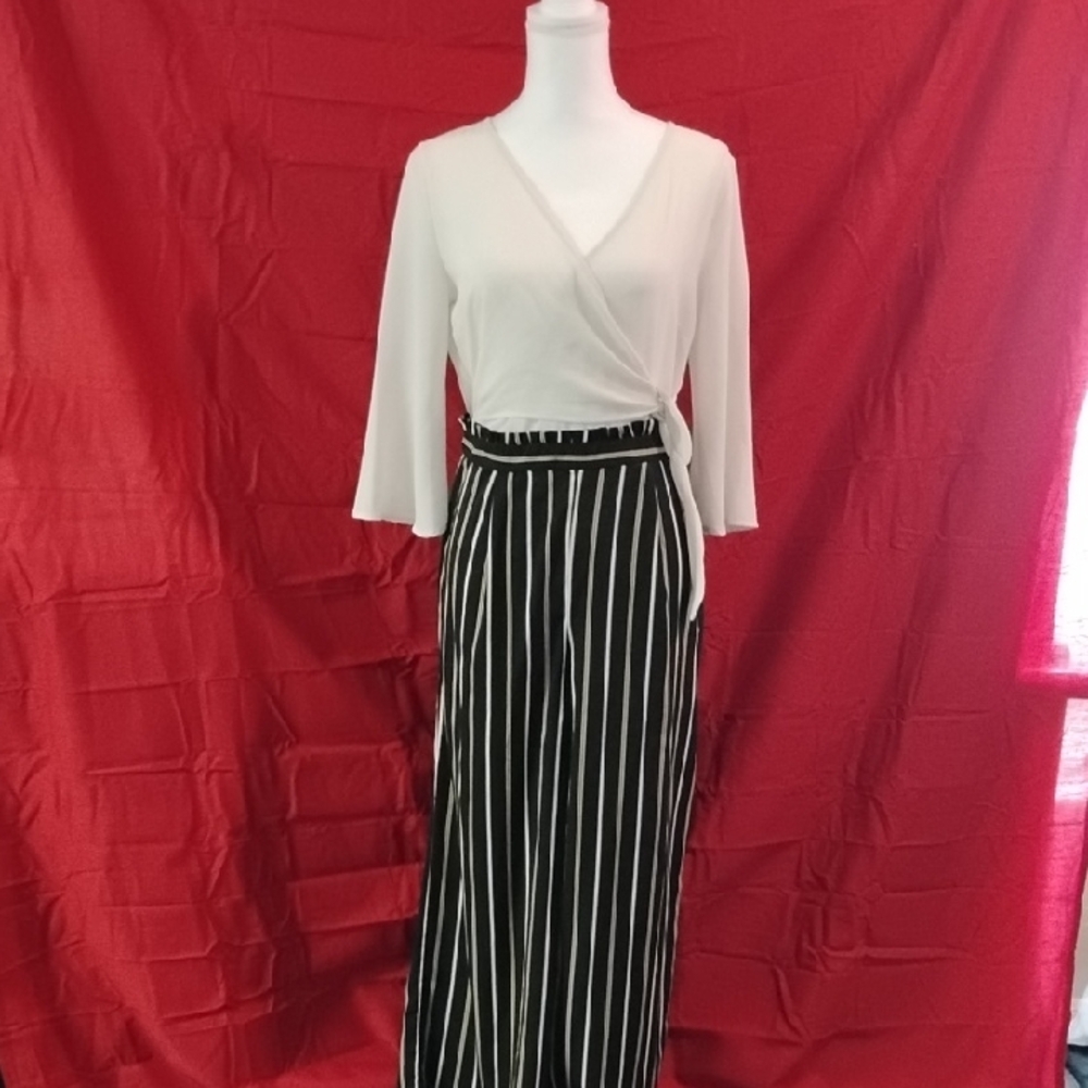 Black and White Maxi Wrap around Pants Suit For business or for Casual Wear
